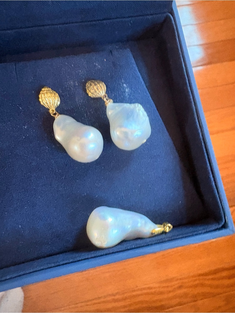 Gold and White Baroque Pearl Drop Earrings and Pendant Set